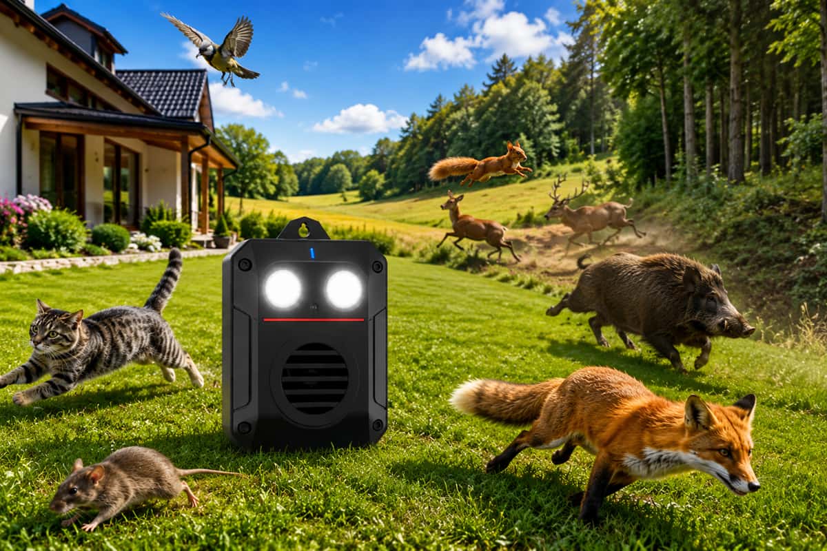 ultrazvukový plašič zvierat do exteriéru a interieru s flash svetlom
